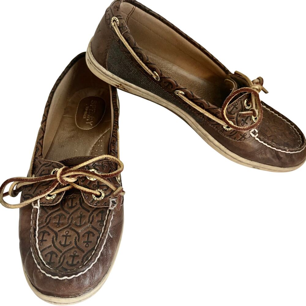 Sperry Topsiders Embossed Leather Anchor Boat Shoes Loafers Nautical Preppy 8